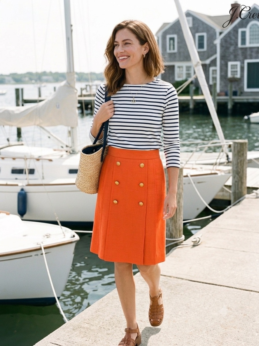 J.Crew Nautical Linen Sailor Skirt Pleated Gold Crest Buttons Orange Size 10 T